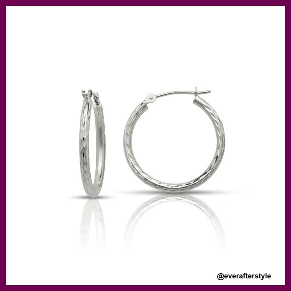 Diamond Cut Hoop Earrings 14k White Gold Classic Elegant Minimal Chic